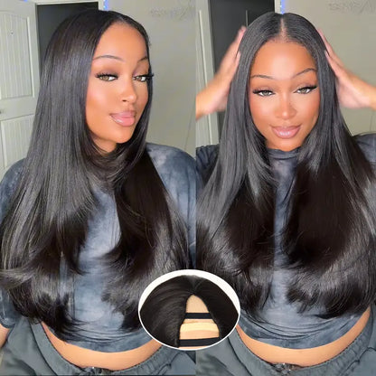 Yaki Straight V Part Layered Wig 250% Density Glueless No Leave Out Synthetic Hair Wig 22 Inch Beginner Friendly Natural Black