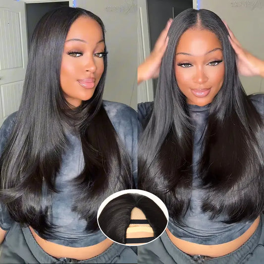 Yaki Straight V Part Layered Wig 250% Density Glueless No Leave Out Synthetic Hair Wig 22 Inch Beginner Friendly Natural Black
