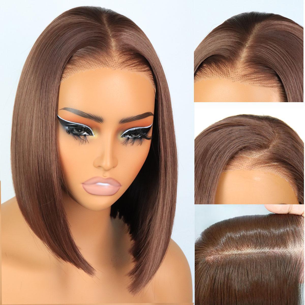 Wear and Go Glueless 9x7 Lace Front Synthetic Straight  Chocolate Brown Wigs Double Drawn Bob Wig