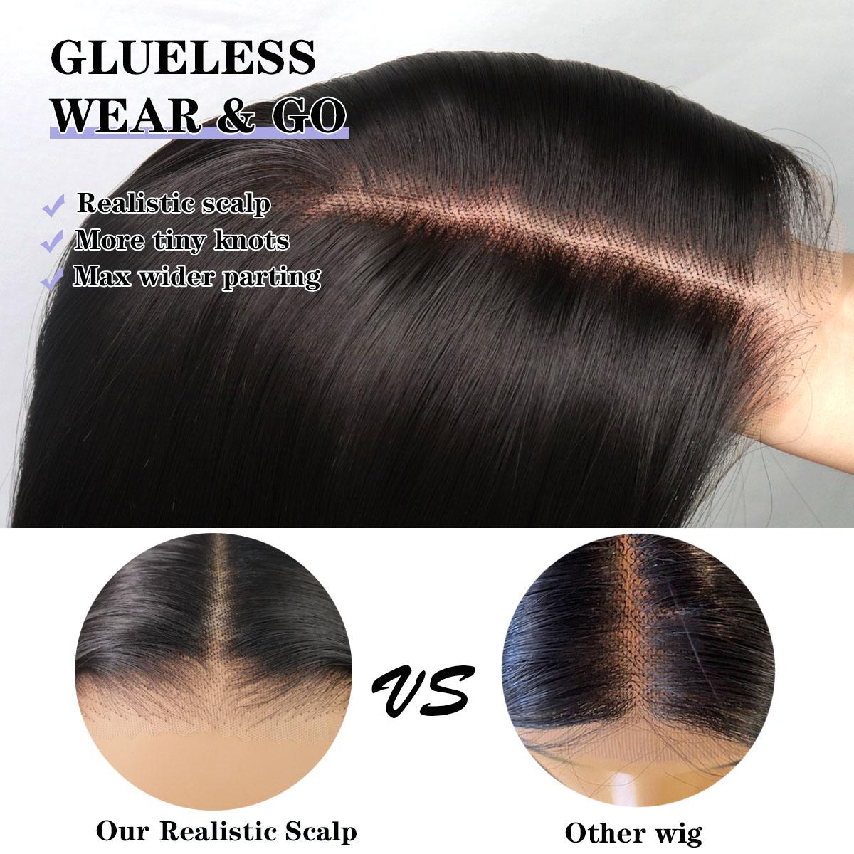 Wear and Go Human Hair Blend Fiber Glueless 6x4 Lace Front Wig Straight Layered Wig Natural Hairline