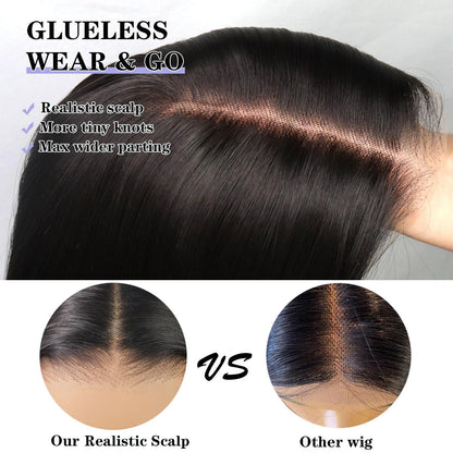 Wear and Go Human Hair Blend Fiber Glueless 6x4 Lace Front Wig Straight Layered Wig Natural Hairline