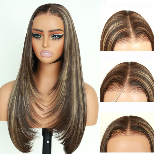 Wear And Go Synthetic Layered Cut 9x7 Lace Front 8/27 Honey Brown Wig Glueless Premium Fiber