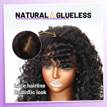 Blend Human Hair Curly Wig with Bangs 6x4 Glueless Lace Front Wig Wear and Go Realistic Look with True Scalp 220% density
