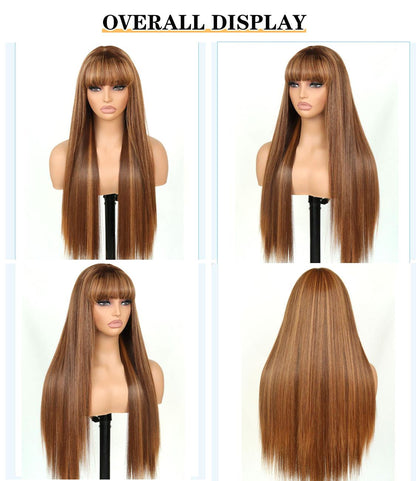 Human Hair Blend Fiber Glueless Wear and Go Straight Wigs with Bangs 6x4 Lace Front Wig