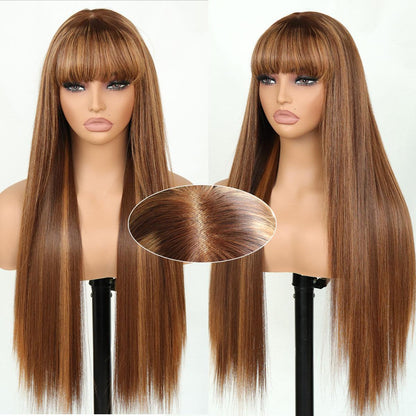 Human Hair Blend Fiber Glueless Wear and Go Straight Wigs with Bangs 6x4 Lace Front Wig