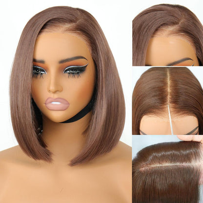 9x7 Glueless Synthetic Chocolate Brown Bob Wig Wear and Go Bone Straight Wigs Double Drawn