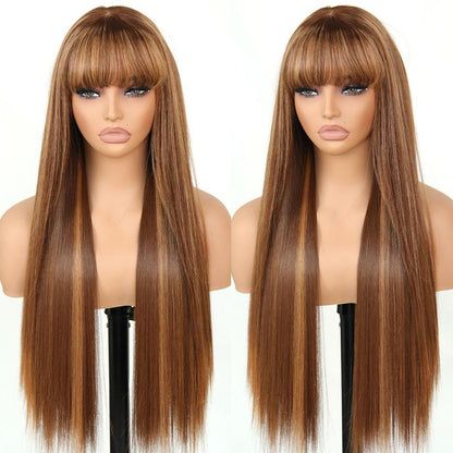 Human Hair Blend Fiber Glueless Wear and Go Straight Wigs with Bangs 6x4 Lace Front Wig