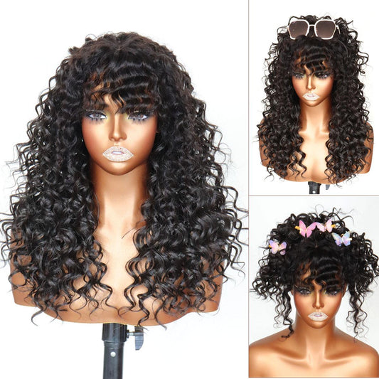 Blend Human Hair Curly Wig with Bangs 6x4 Glueless Lace Front Wig Wear and Go Realistic Look with True Scalp 220% density