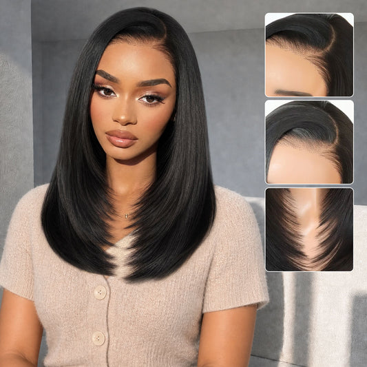 U&A Layered Straight 9x7 Lace Front Wig C-Part Synthetic Glueless Wear and Go 14 Inch