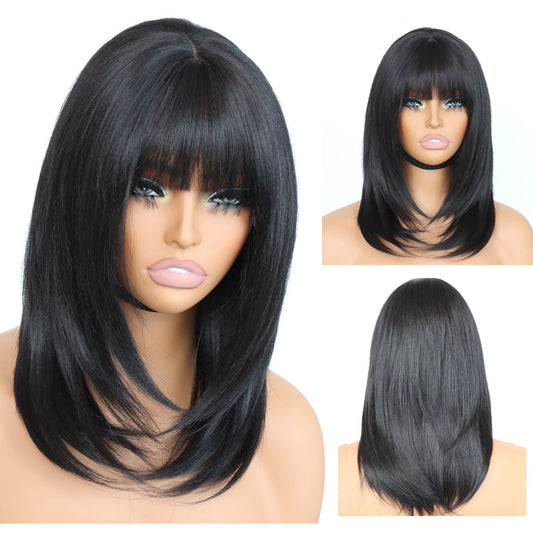 Glueless Synthetic Layered Cut 5x4 Lace Front Yaki Straight Bob Wig with Bangs Wear and Go Short Bob Wigs True Scalp Tiny Knots，More Fluffy