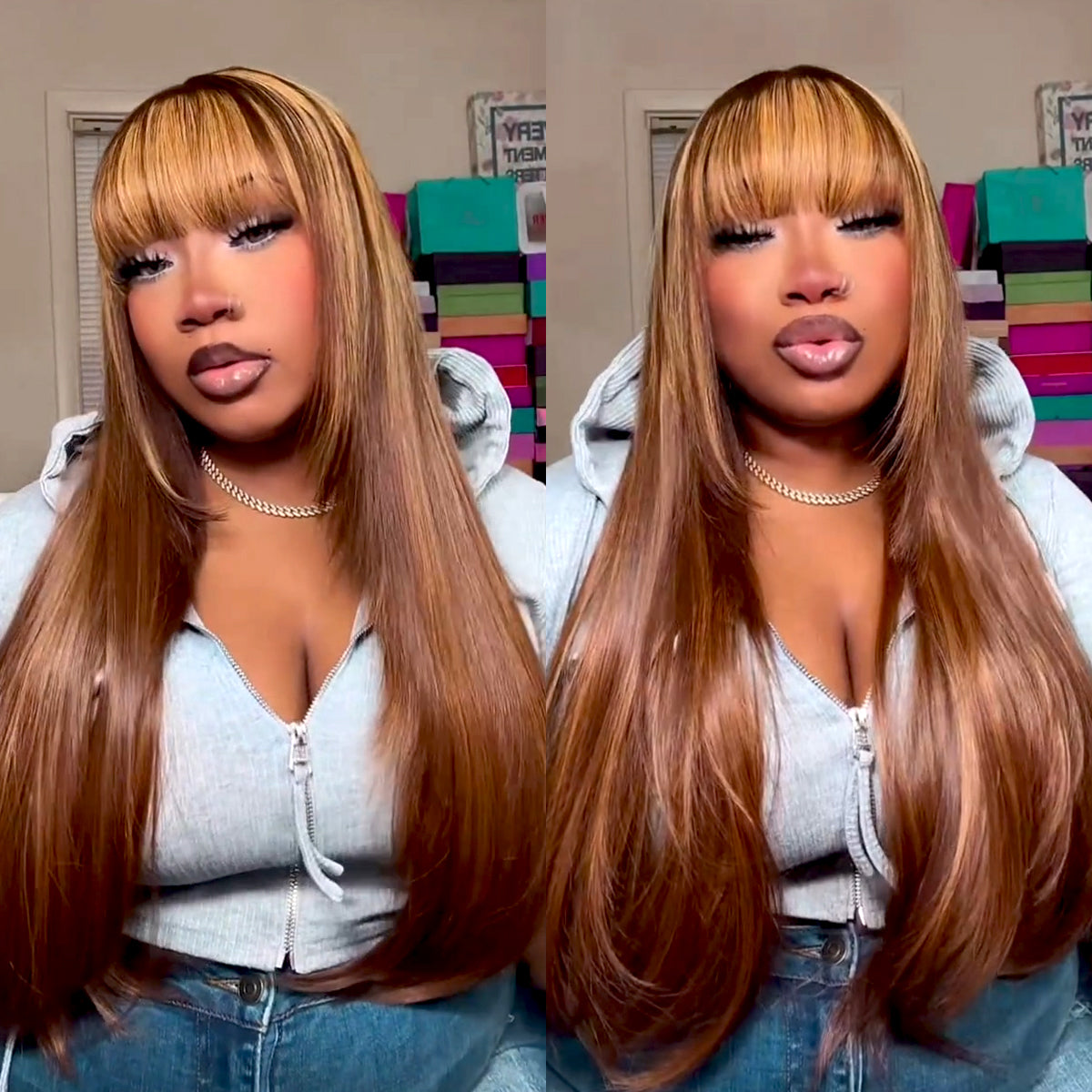 Human Hair Blend Wig Glueless Straight Layered Highlight Wigs with Bangs Wear&Go 6x4 Lace Front Wig