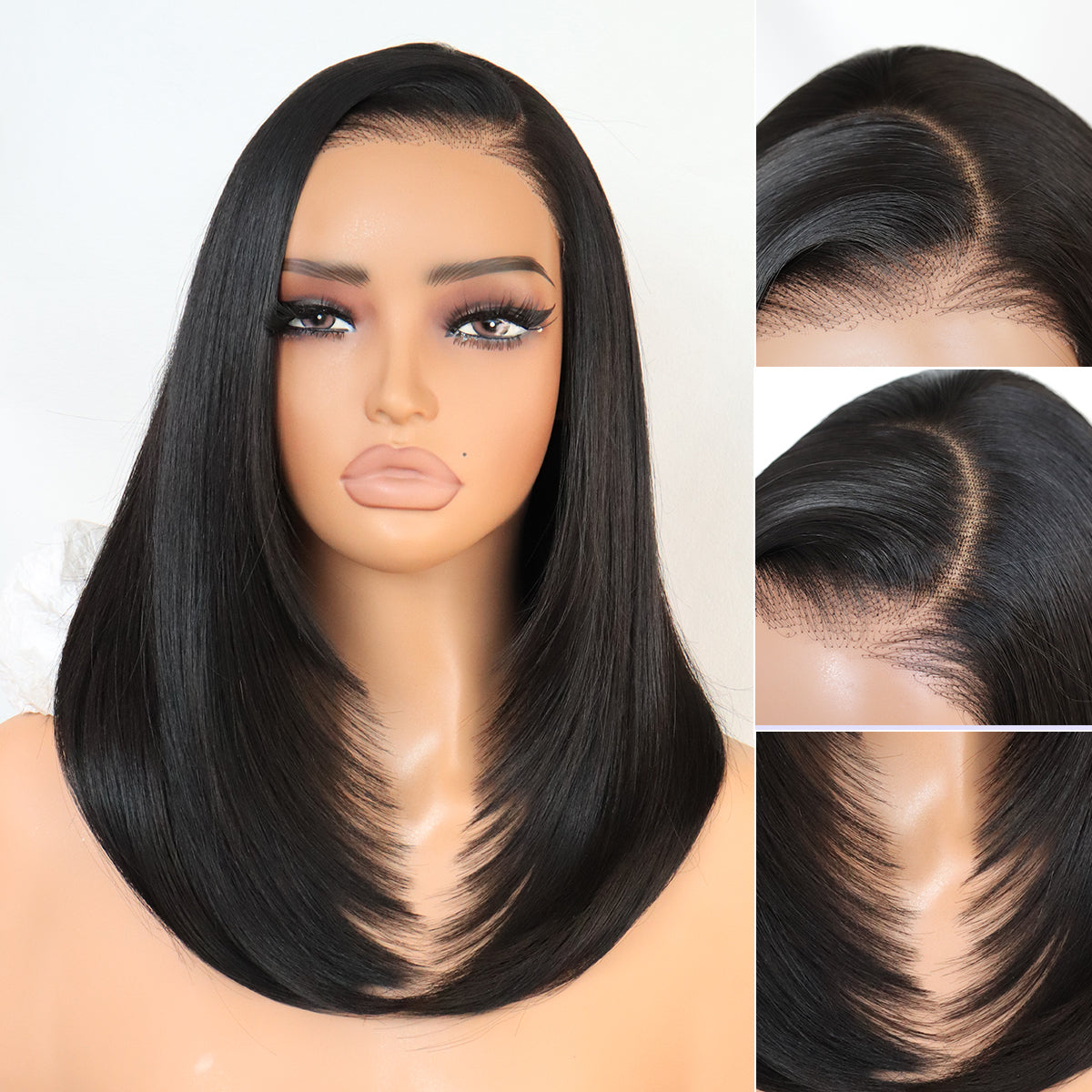 U&A Hair Synthetic 9x7 Glueless C-Part Layered Short Wig 14 Inch，Wear and Go Lace Front Straight Wig Pre Plucked Pre Cut Natural Hairline with Tiny Knots