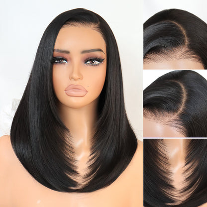 U&A Hair Synthetic 9x7 Glueless C-Part Layered Short Wig 14 Inch，Wear and Go Lace Front Straight Wig Pre Plucked Pre Cut Natural Hairline with Tiny Knots