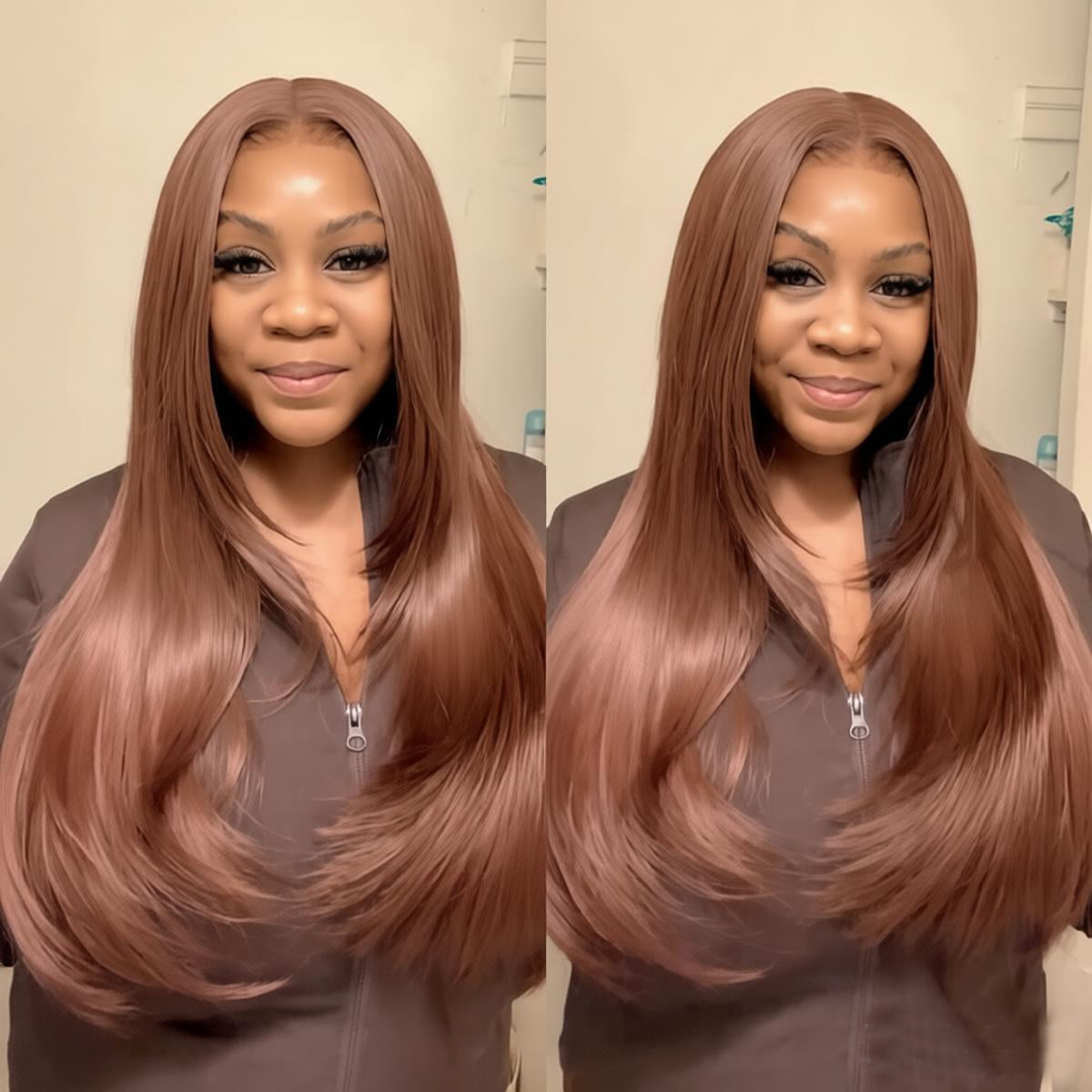 Glueless Synthetic layered cut 9x7 Lace Front Wig Chocolate Brown Wear And Go Premium Human-Hair-Like Fiber