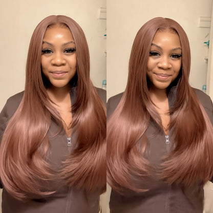 Glueless Synthetic layered cut 9x7 Lace Front Wig Chocolate Brown Wear And Go Premium Human-Hair-Like Fiber