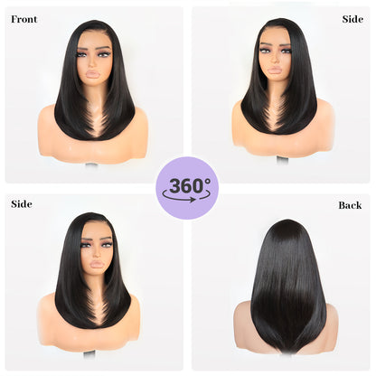 U&A Hair Synthetic 9x7 Glueless C-Part Layered Short Wig 14 Inch，Wear and Go Lace Front Straight Wig Pre Plucked Pre Cut Natural Hairline with Tiny Knots