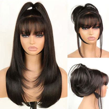 Wear and Go Human Hair Blend Fiber Glueless 6x4 Lace Front Wig - Straight Layered with Bangs
