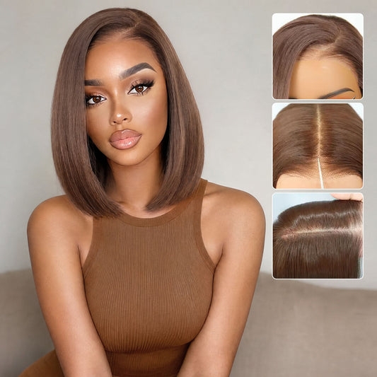 9x7 Glueless Synthetic Chocolate Brown Bob Wig Wear and Go Bone Straight Wigs Double Drawn