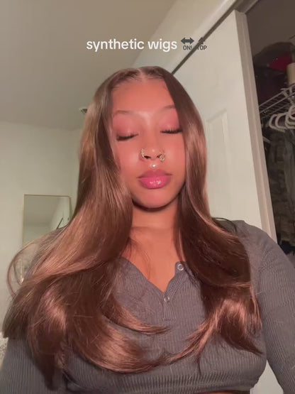 Glueless Synthetic layered cut 9x7 Lace Front Wig Chocolate Brown Wear And Go Premium Human-Hair-Like Fiber