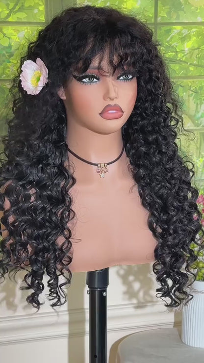 Blend Human Hair Curly Wig with Bangs 6x4 Glueless Lace Front Wig Wear and Go Realistic Look with True Scalp 220% density