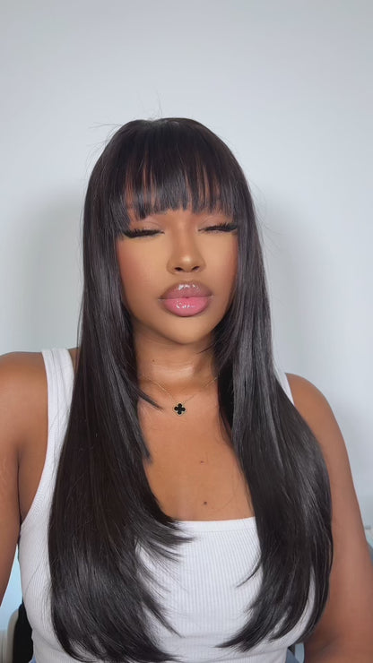 Wear and Go Human Hair Blend Fiber Glueless 6x4 Lace Front Wig - Straight Layered with Bangs