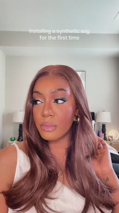 Glueless Synthetic layered cut 9x7 Lace Front Wig Chocolate Brown Wear And Go Premium Human-Hair-Like Fiber