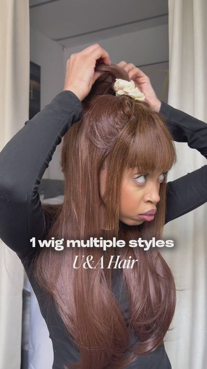 Human Hair Blend Fiber Wig light Brown Glueless Straight Layered Wigs with Bangs Wear and Go 6x4 Lace Front Wig